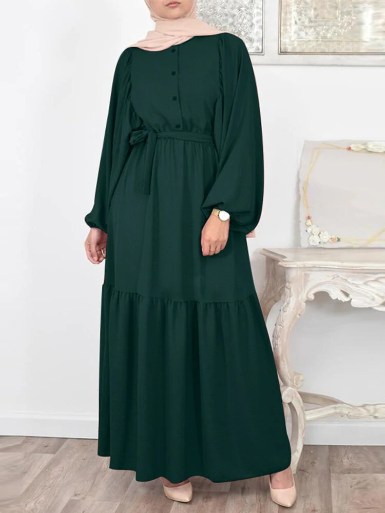 Solid Colour Puff Sleeve Maxi Dress