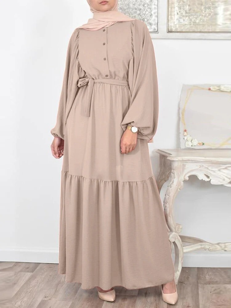 Solid Colour Puff Sleeve Maxi Dress