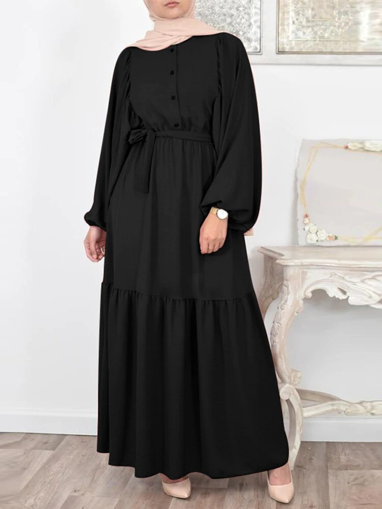 Solid Colour Puff Sleeve Maxi Dress