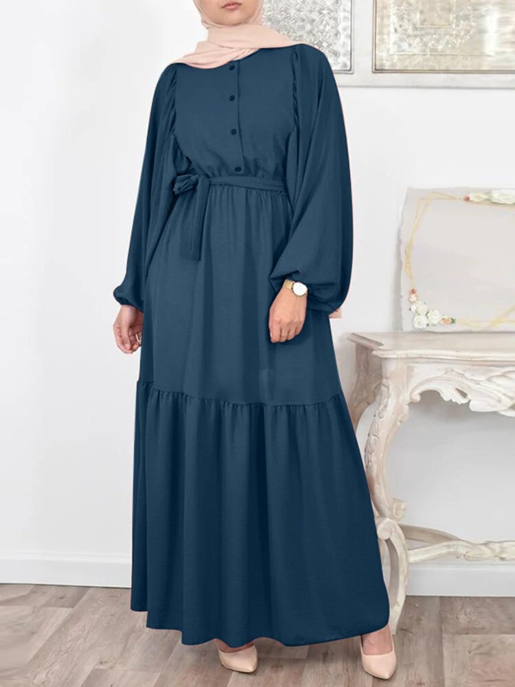 Solid Colour Puff Sleeve Maxi Dress