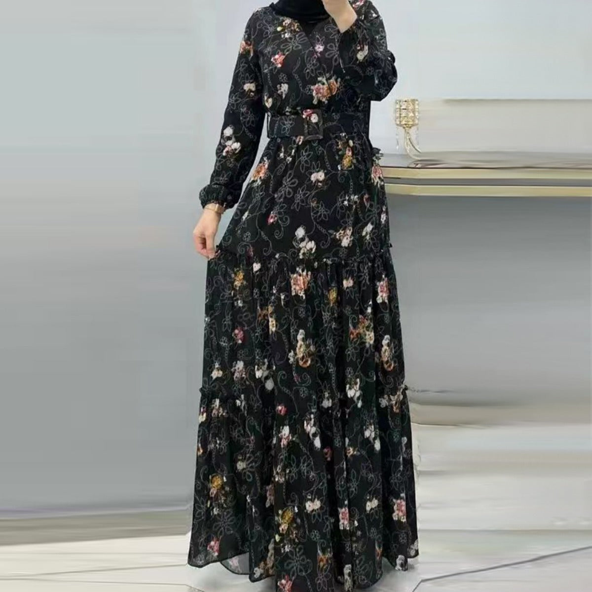 Elegant Floral Maxi with Belt