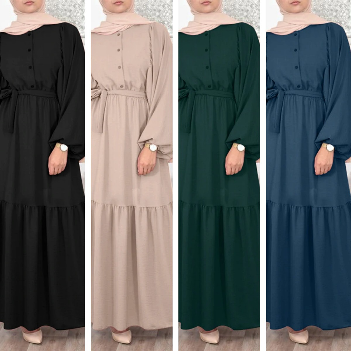 Solid Colour Puff Sleeve Maxi Dress